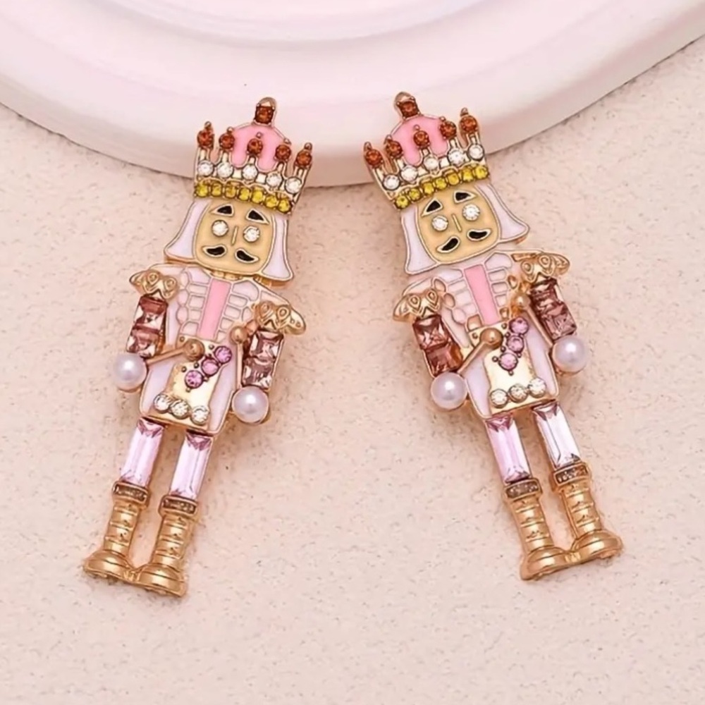 Pink Nutcracker Rhinestone Statement Earrings - Picture 2 of 5